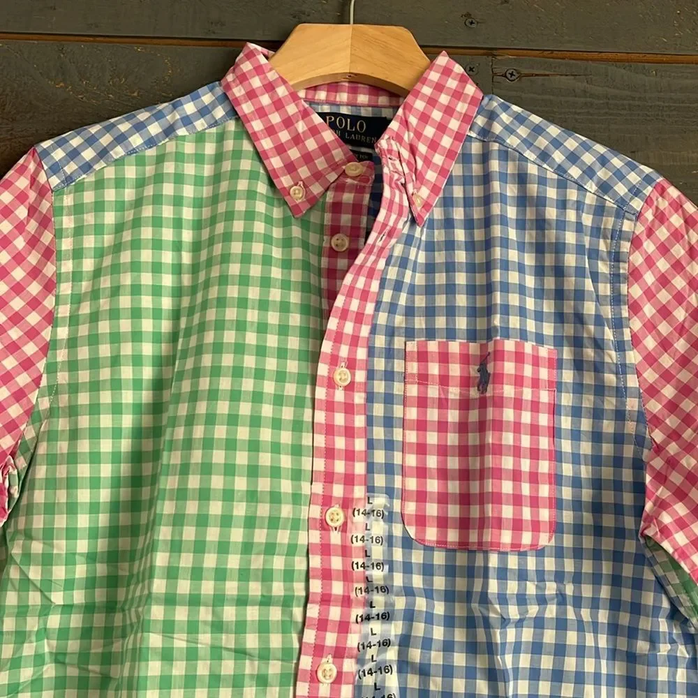 Polo Ralph Lauren Big Boys Short Sleeve Colorblock Check Shirt Poplin L